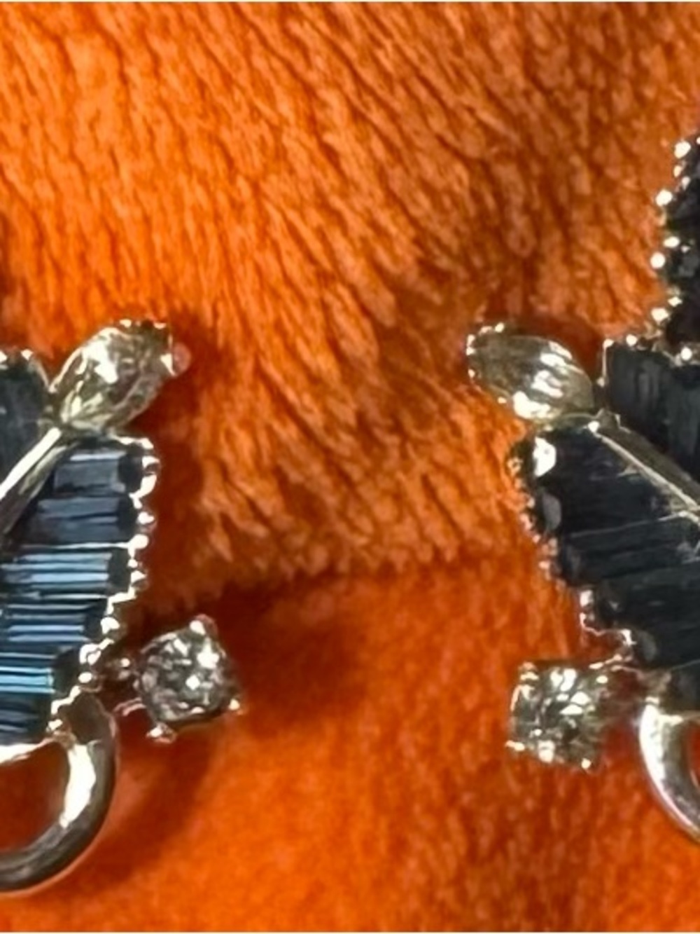 Vintage PENNINO Clip-On Earrings. Baguette & Chaton Blue Rhinestones . Signed